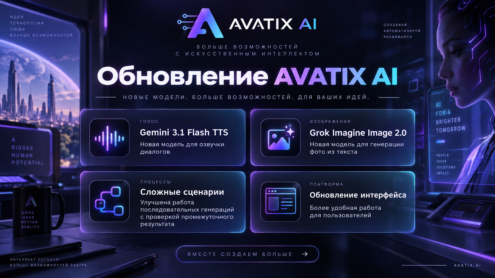 Обновление AVATIX AI: Gemini 3.1 Flash TTS, Grok Imagine Image 2.0 и улучшение сценариев